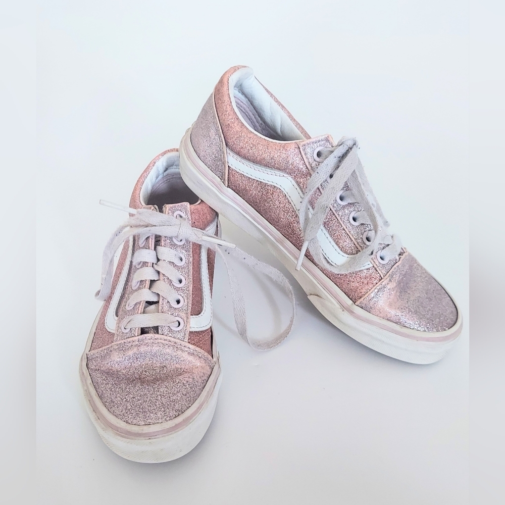 Vans Old Skool Glitter Shoes Kids Size 2 Pink White Low Top Sneakers